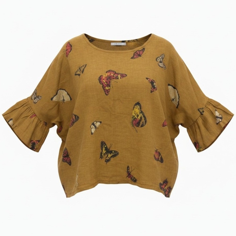 Viola Borghi Butterfly Linen Blouse Womens S Small Brown Ruffle Sleeve Italy‎